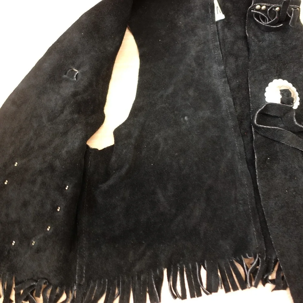 Vintage Cowboy‎ Vest Chaps Set Boys M Black Suede Studded Fringe Halloween USA